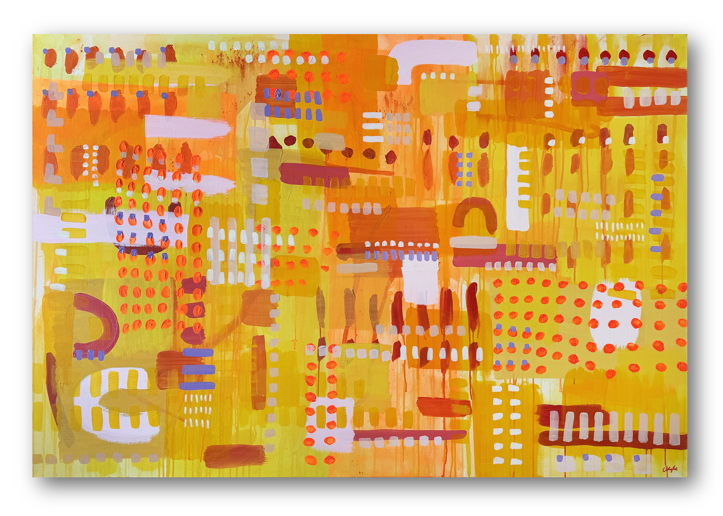 Abstract colorful painting featuring various geometric shapes and patterns in shades of orange, yellow, white, purple, and red.