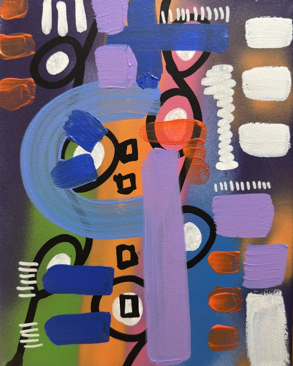 An abstract painting with bold, colorful shapes and lines, including blue, purple, orange, green, white, and black elements on a textured surface.