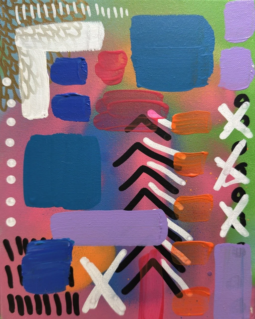 Abstract colorful painting with various shapes and patterns, including blue, purple, red, orange, black, and white elements.