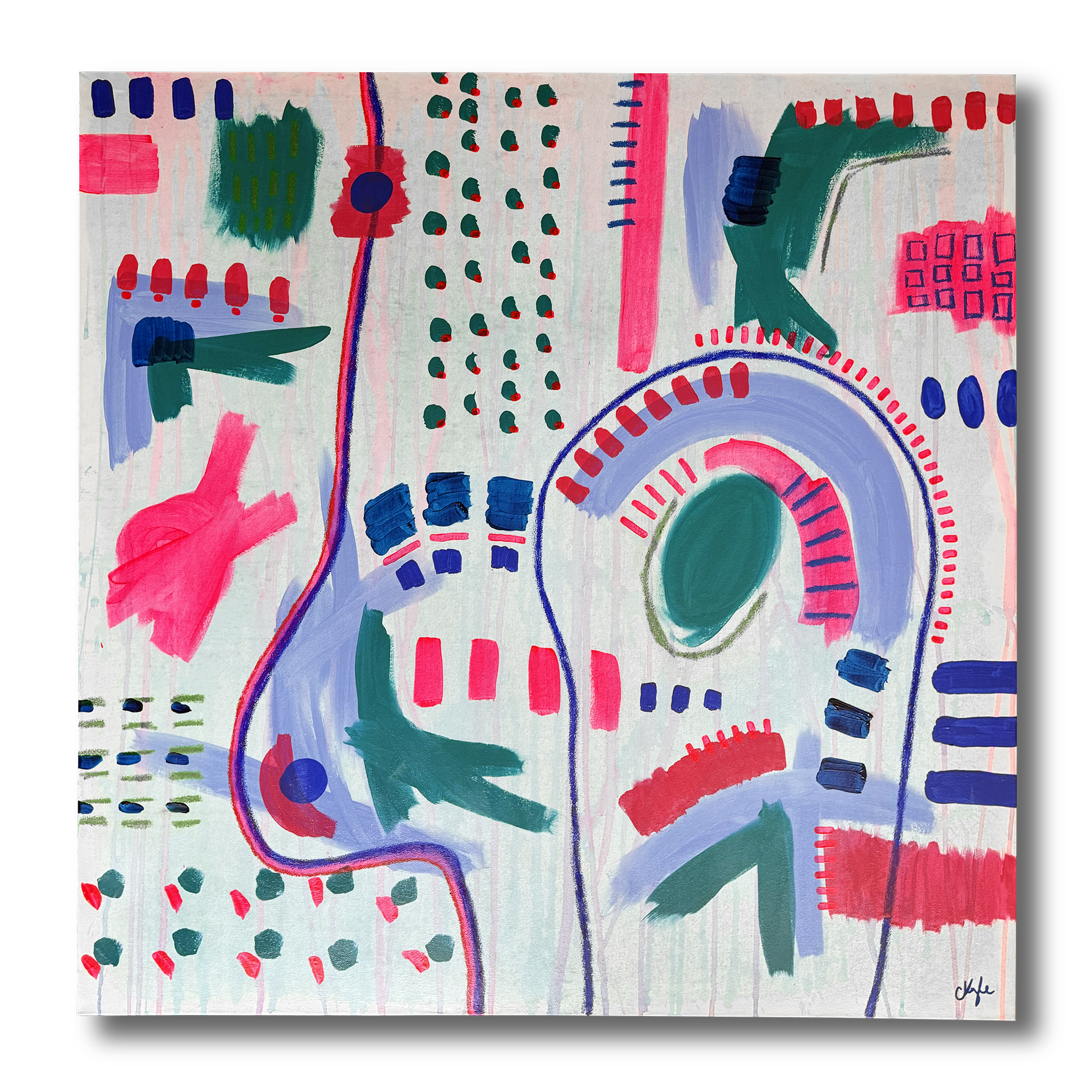 Abstract colorful painting of a human profile with various geometric shapes and patterns, including circles, lines, and rectangles in shades of pink, green, blue, and red.