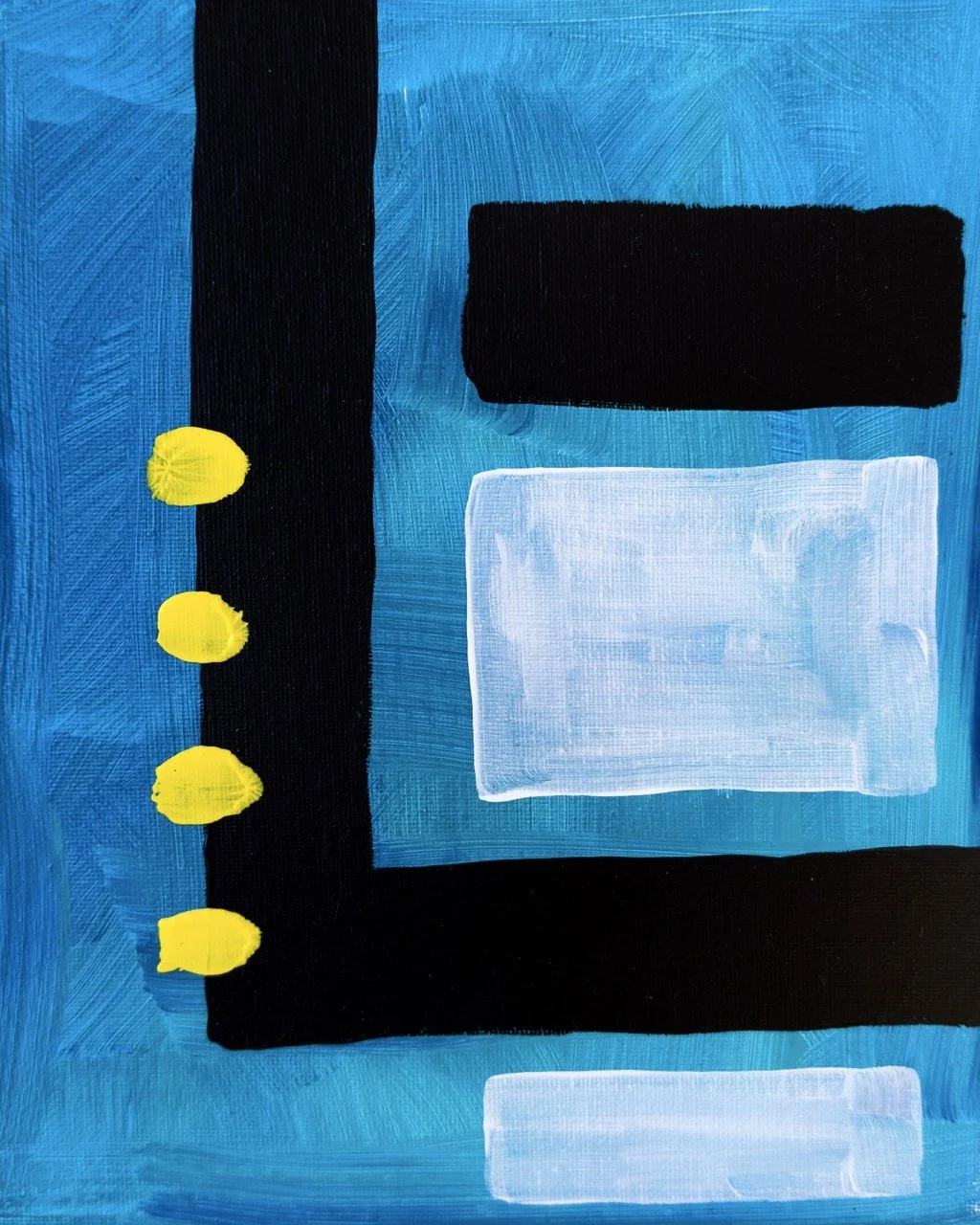 Abstract painting featuring black, white, and yellow geometric shapes on a blue background.