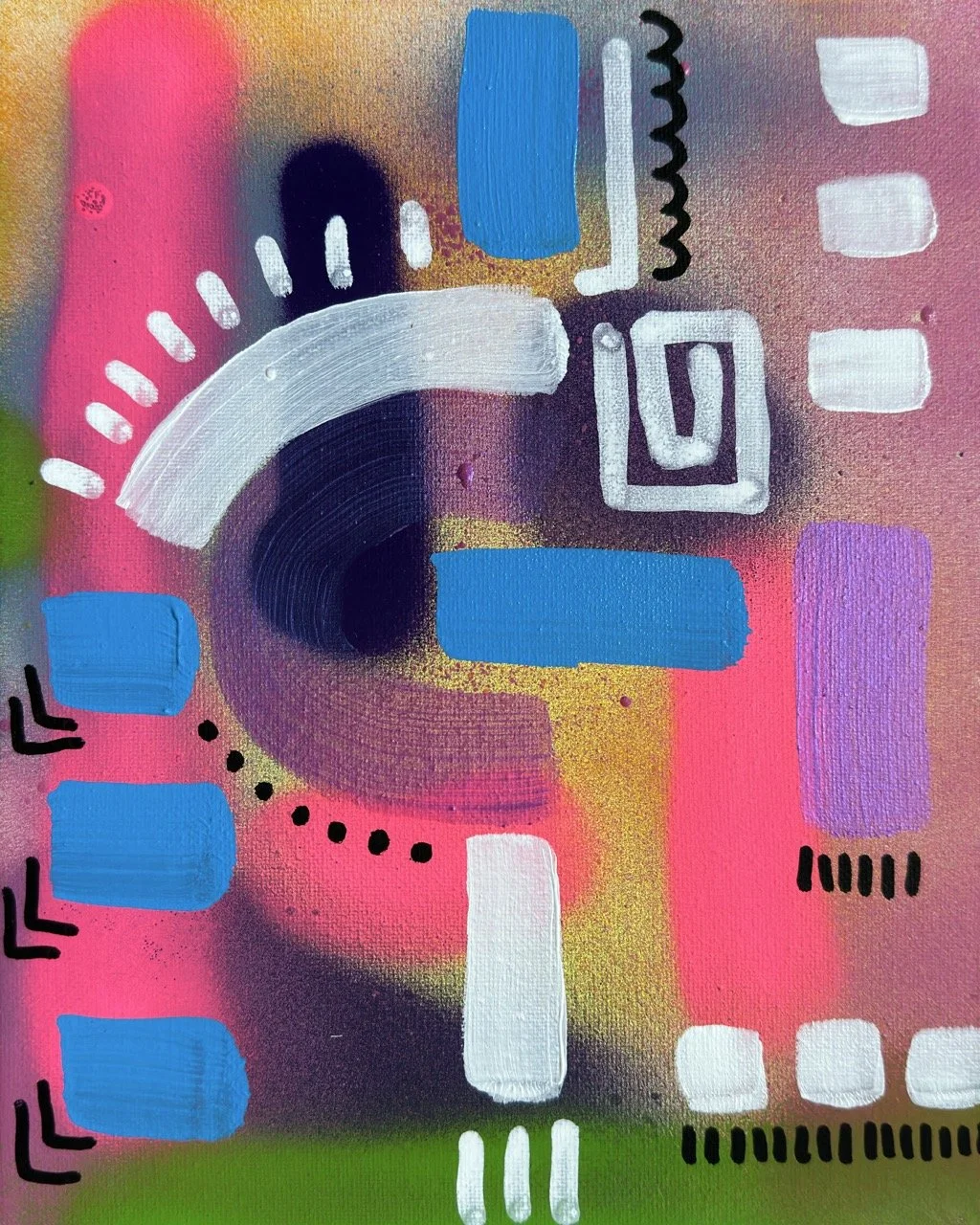 Abstract colorful painting with geometric shapes and patterns, including blue rectangles, white squares, black marks, and a predominant pink background with hints of yellow and green.