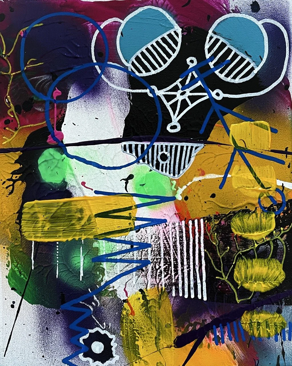 An abstract painting with vibrant colors, featuring black outlines, yellow flowers, and blue, pink, white, and black patterns and shapes.