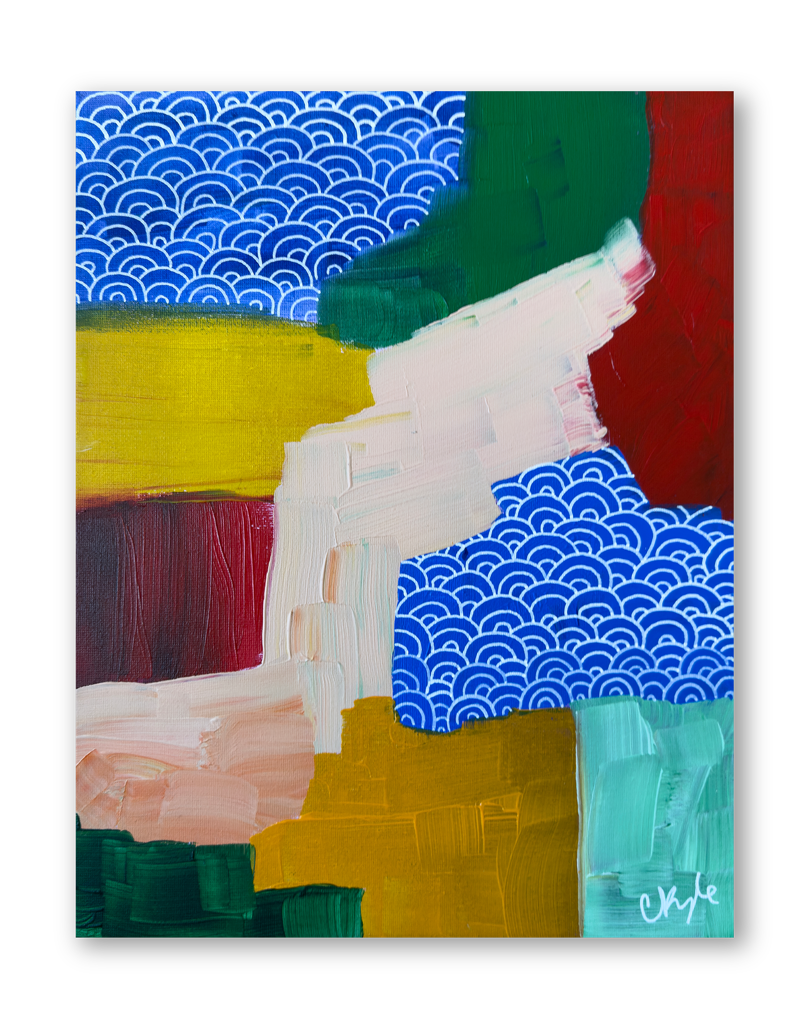 Abstract colorful painting with blocky shapes in blue, green, red, yellow, pink, white, and brown, with blue wave patterns in the upper left and lower right corners.