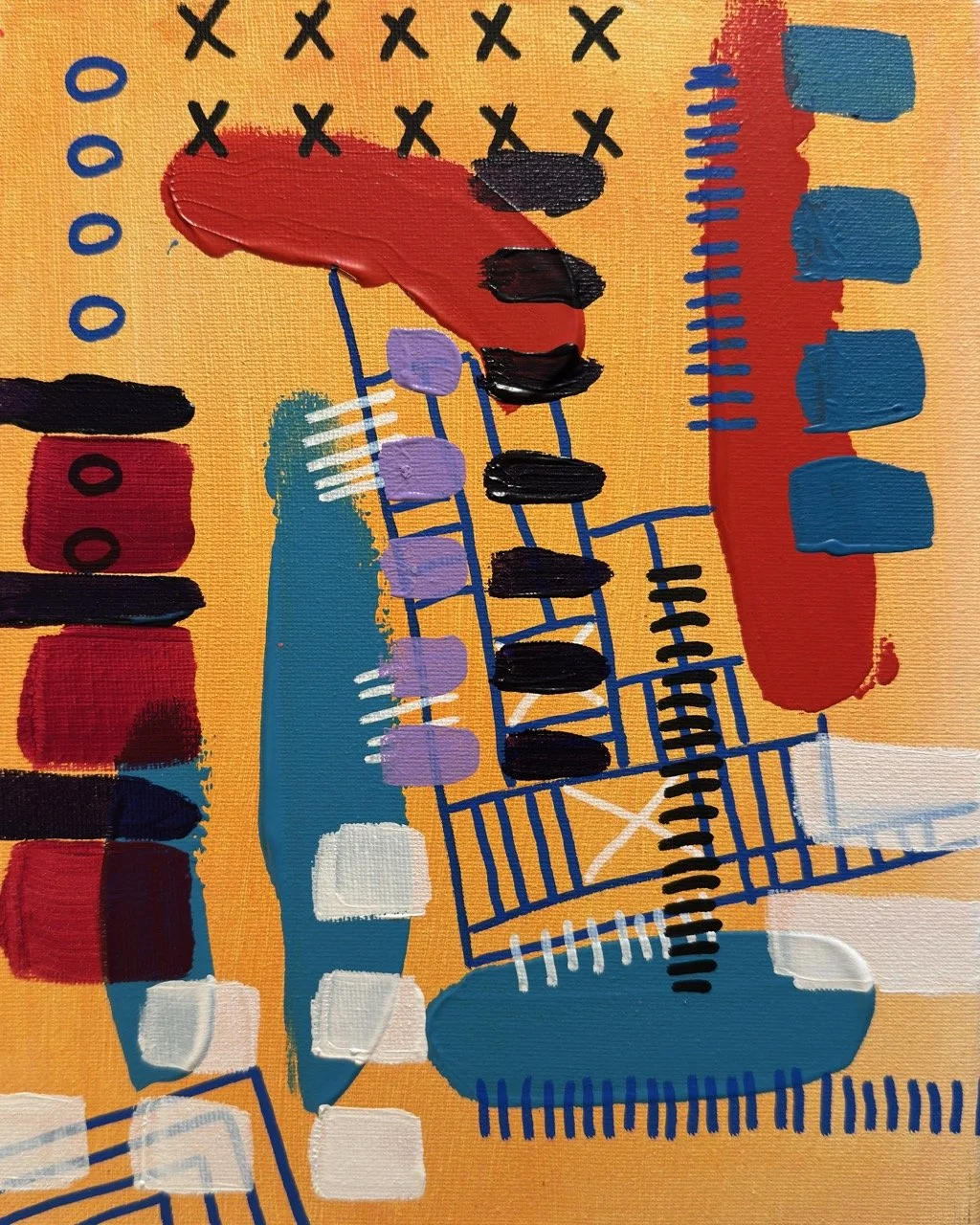 An abstract painting with vibrant colors and geometric shapes, including rectangles, squares, and circles, on a yellow background.