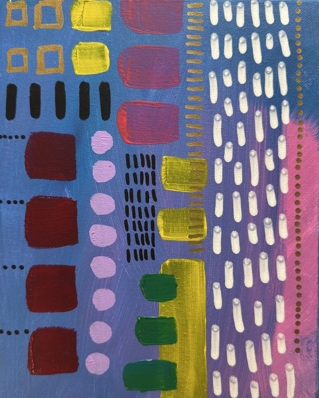 Abstract painting with geometric shapes in red, yellow, green, black, purple, and white on a blue background.