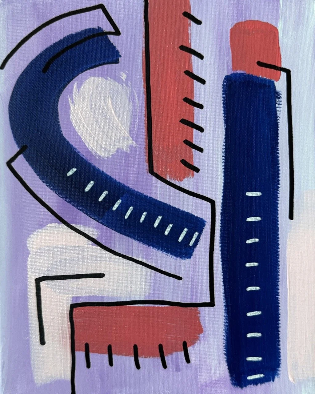 Abstract geometric painting featuring colorful rulers, measuring tape, and curved shapes on a purple background.