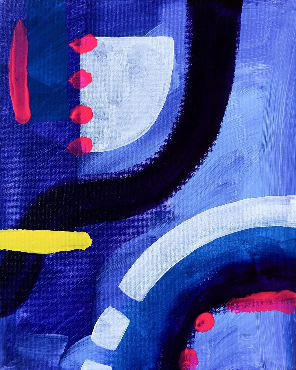 Abstract painting with a blue background, featuring white, black, red, and yellow brushstrokes and shapes.