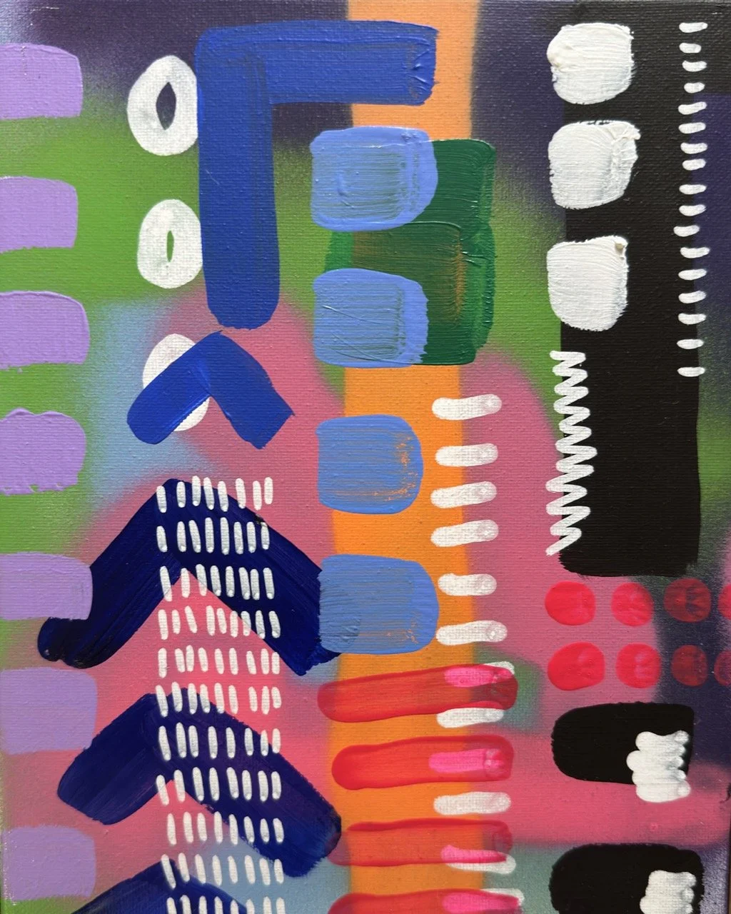 Abstract colorful painting with geometric shapes, dots, lines, and brushstrokes in purple, green, blue, orange, red, black, and white.