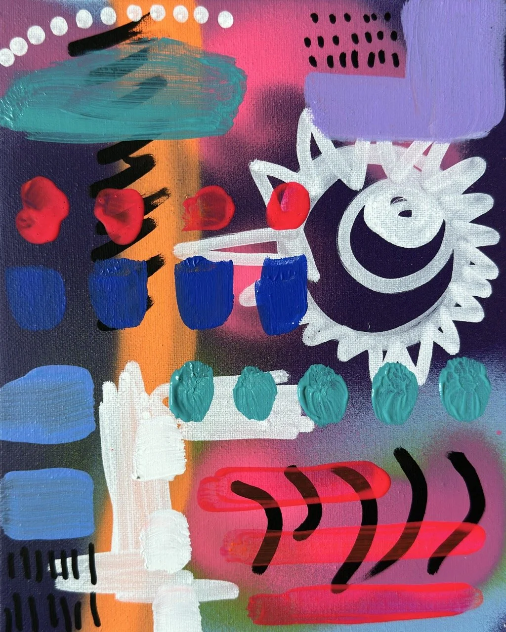 Abstract colorful painting featuring various shapes such as dots, lines, and scribbles in vibrant colors like red, blue, green, purple, black, white, and orange.