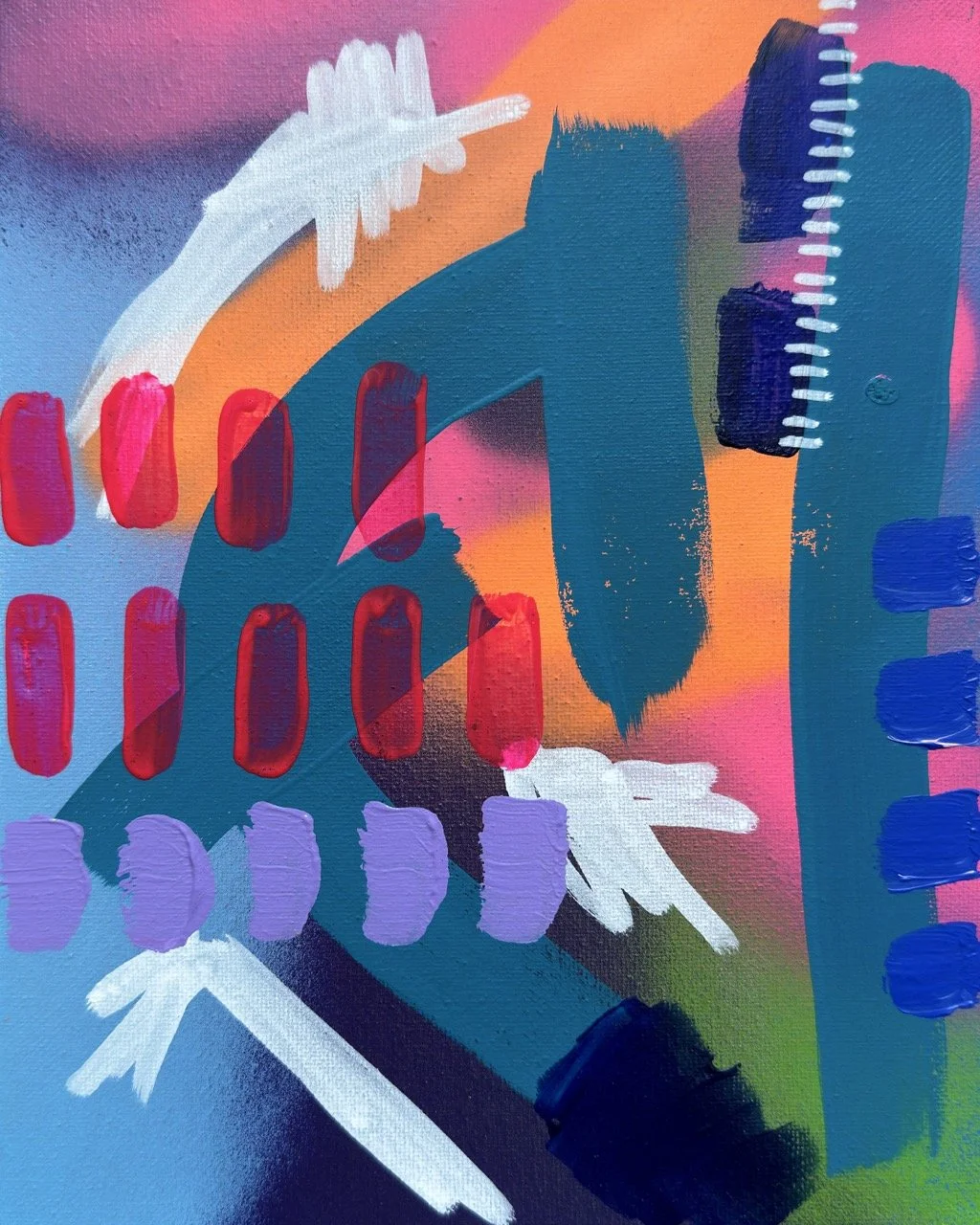 Abstract colorful painting with scribbles, blocks, and textured brushstrokes in shades of pink, blue, orange, purple, green, and white.