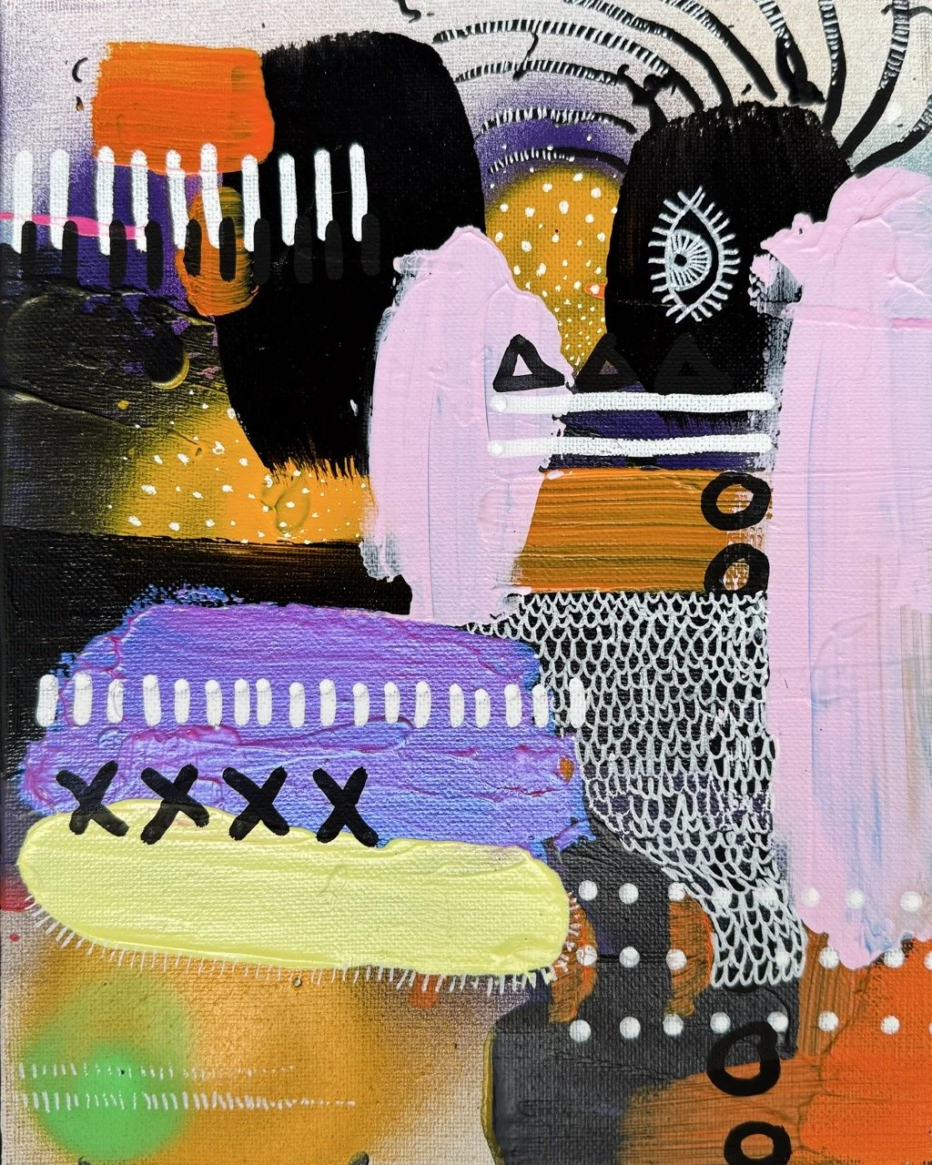 An abstract painting with bold colors and patterns, including black, purple, yellow, orange, pink, and white, featuring various shapes, lines, and textures.