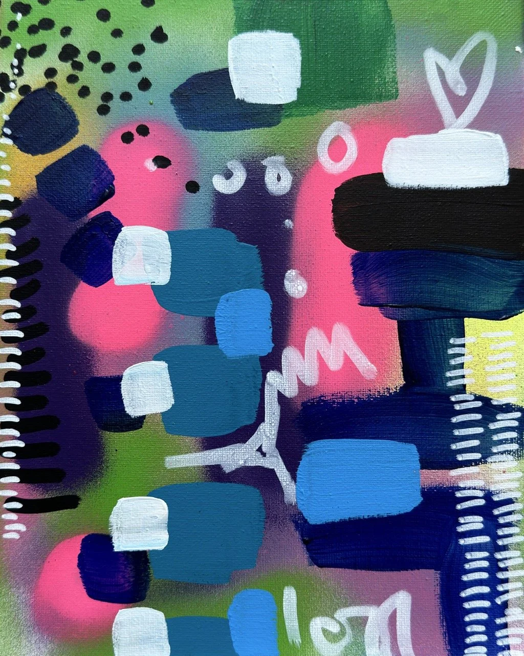 Abstract colorful artwork with various shapes and patterns, including pink, blue, black, white, green, and yellow elements, brush strokes, dots, and lines.
