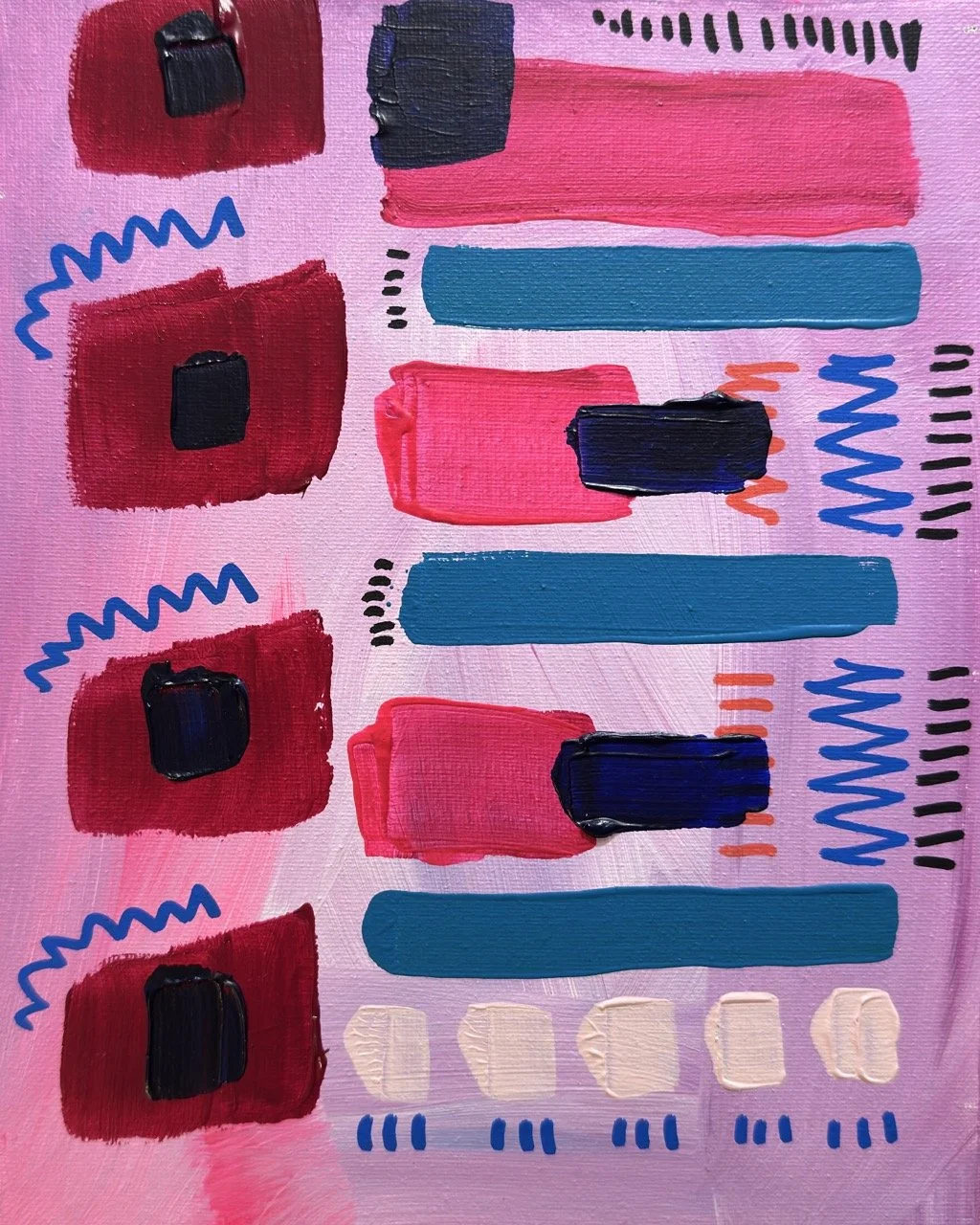 Abstract painting with pink background, featuring red squares with black centers, blue elongated strokes, pink blocks, orange lines, and black and purple squiggles.