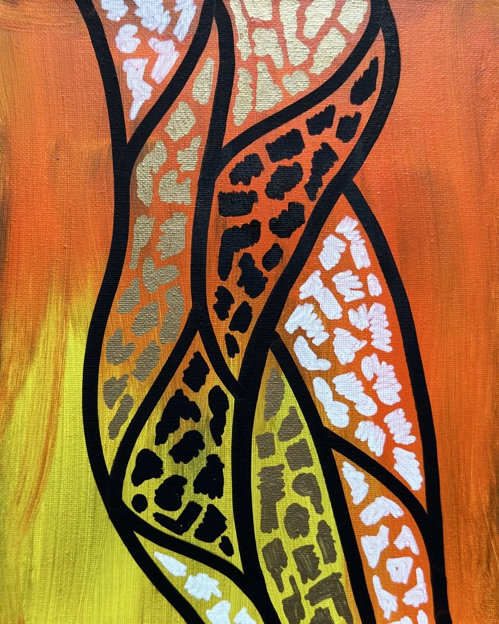 A colorful abstract painting featuring leaf shapes with animal print patterns in orange, yellow, black, and white on an orange background.