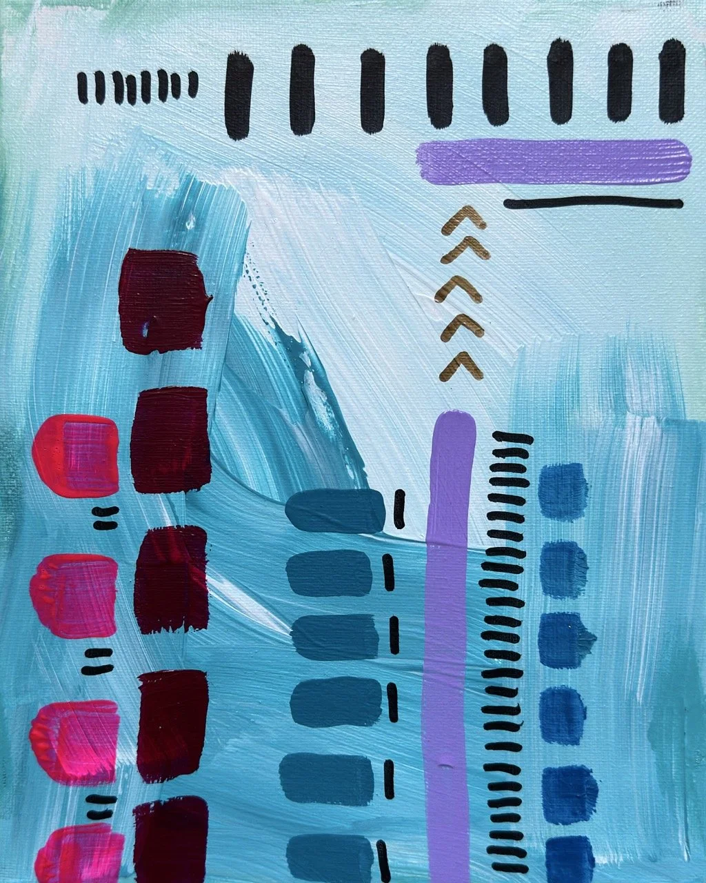 Abstract painting with various geometric shapes and brushstrokes in colors such as pink, red, purple, black, and blue on a light blue background.