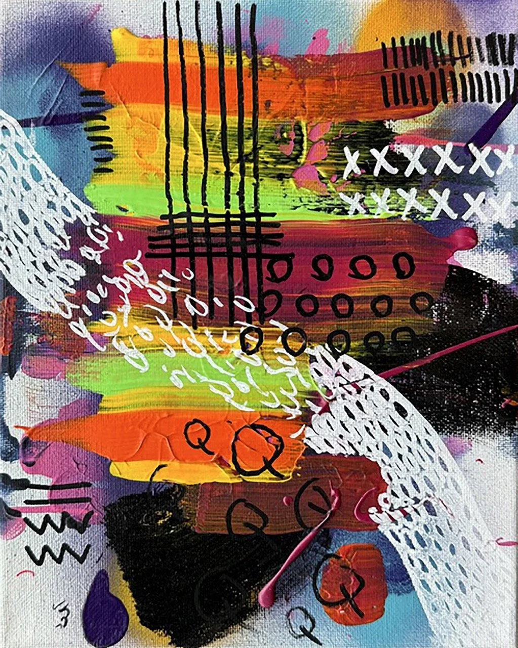 Abstract colorful painting with various vibrant colors, patterns, and random shapes including black lines, white lace-like patterns, and black circles, overlaid with handwritten text and symbols.