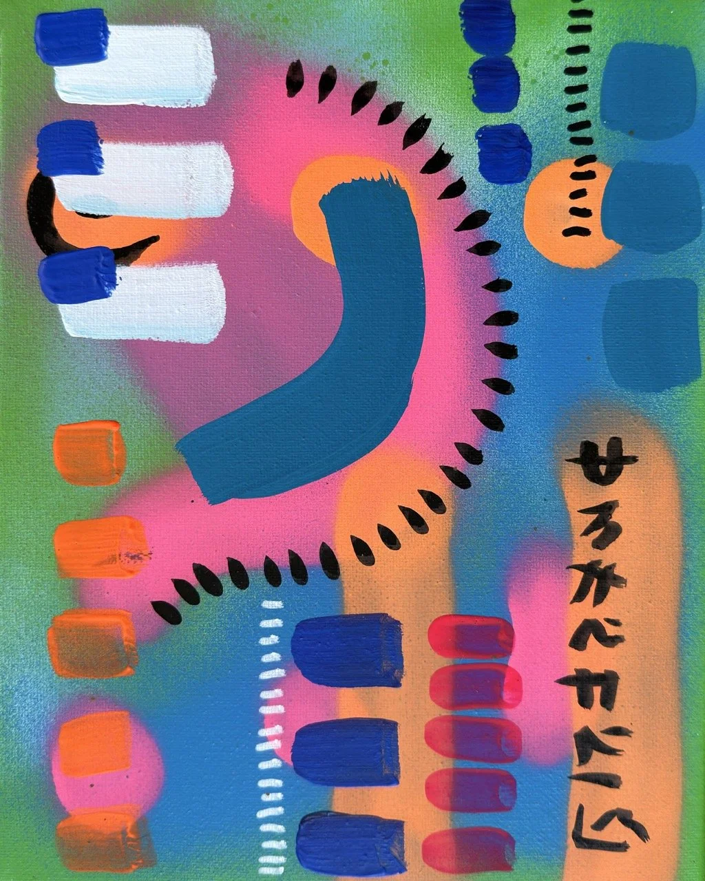 Abstract colorful painting with various shapes, lines, and text in orange, blue, pink, green, black, and white.