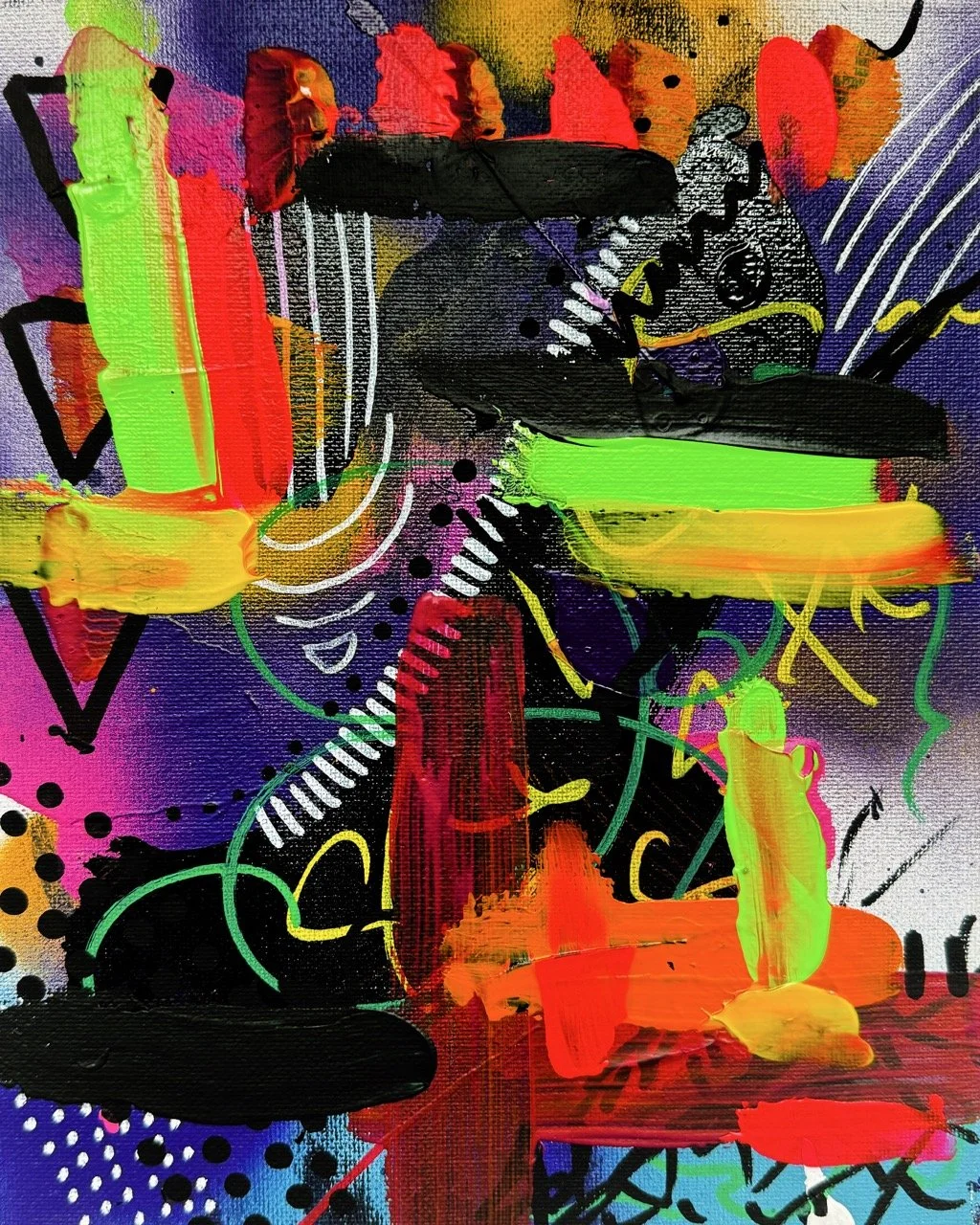 Abstract colorful painting with bright strokes of green, red, yellow, black, purple, pink, and orange, featuring various shapes and patterns.
