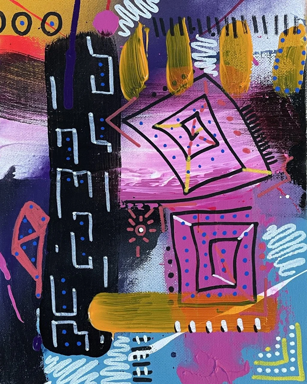 Abstract colorful painting featuring geometric shapes, lines, and patterns with a vibrant background of pink, purple, black, yellow, and blue. Includes squares, dots, and scribbles.