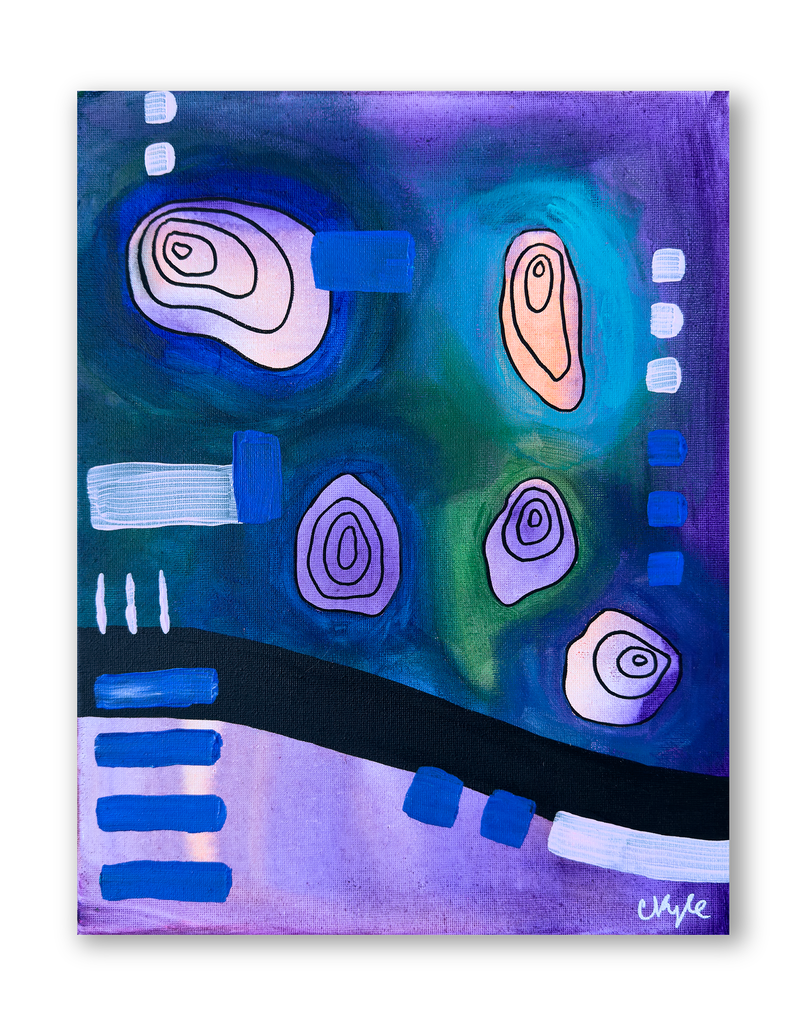 Abstract painting with colorful shapes, black outlines, and geometric patterns in blue, purple, green, and peach tones.