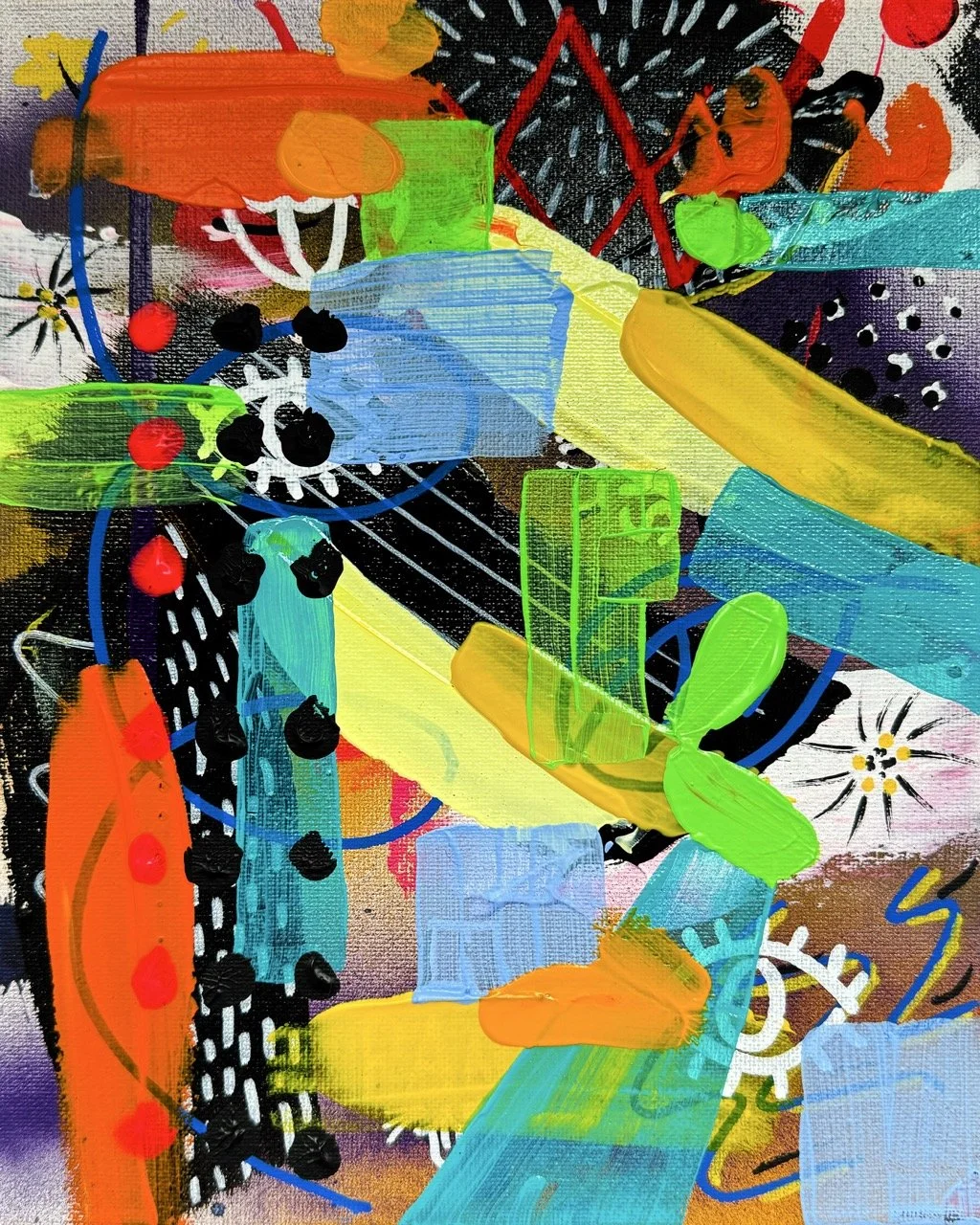 Abstract artwork featuring vibrant colors including orange, yellow, green, blue, black, and white. It contains various shapes, patterns, and linework, with some areas resembling splashes, dots, and geometric forms.