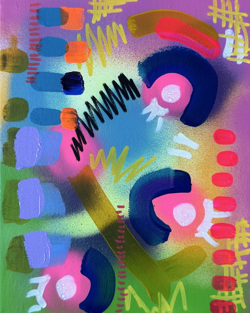Abstract colorful painting with various shapes and lines, including blue, pink, purple, green, yellow, black, red, and brown, creating a vibrant composition.