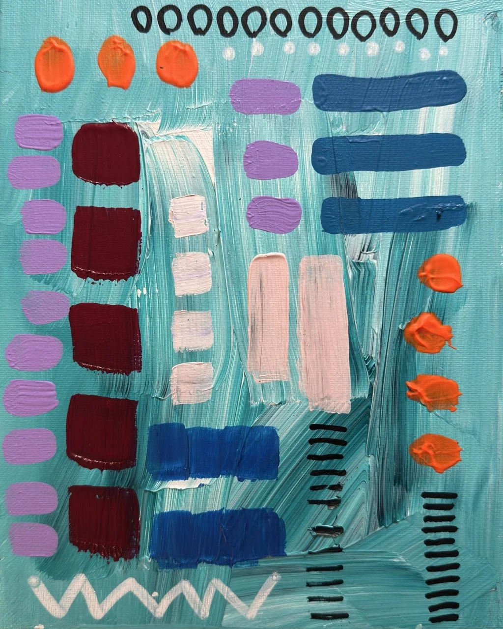 Abstract painting with various colorful brush strokes, dots, and shapes on a textured teal background.