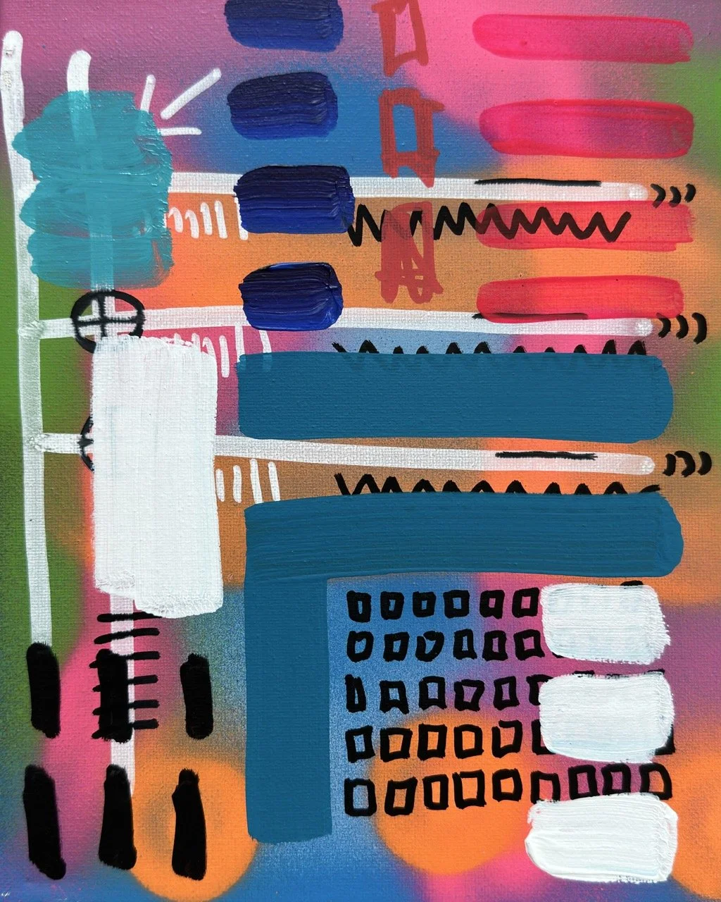 Abstract colorful painting with various shapes and bold strokes, including a prominent white rectangle, blue bars, red and pink lines, black accents, and a multicolored background.