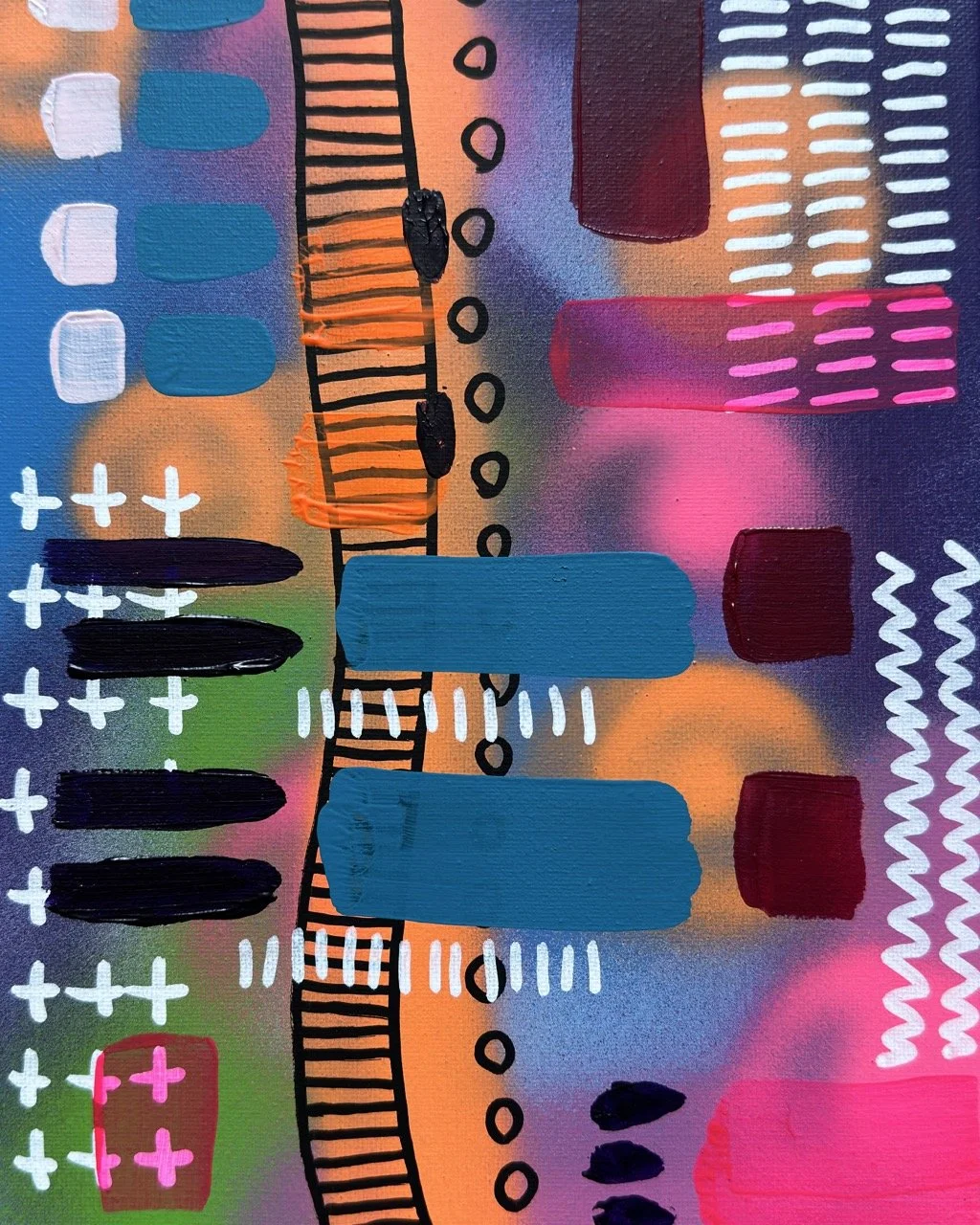 An abstract painting featuring colorful shapes, lines, and patterns including blue, pink, orange, black, and white elements.