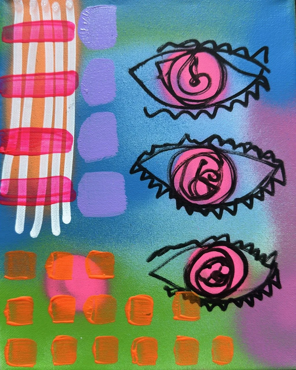 Abstract colorful drawing with three stylized pink eyes with black outlines, purple shapes, orange squares, and red lines on the left side.