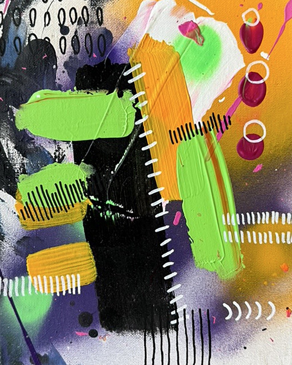 Abstract colorful painting with splashes of black, green, yellow, orange, pink, purple, and white paint, featuring various textured brushstrokes and paint markings.
