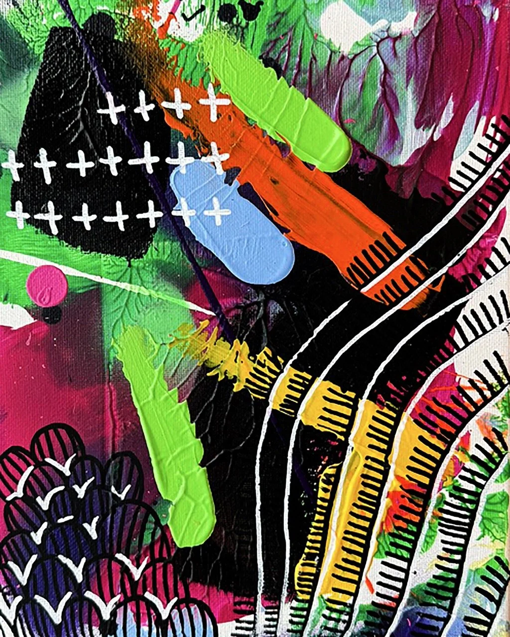 Close-up of a colorful abstract painting with various shapes, lines, and splashes of bright colors including green, blue, orange, yellow, pink, and black.