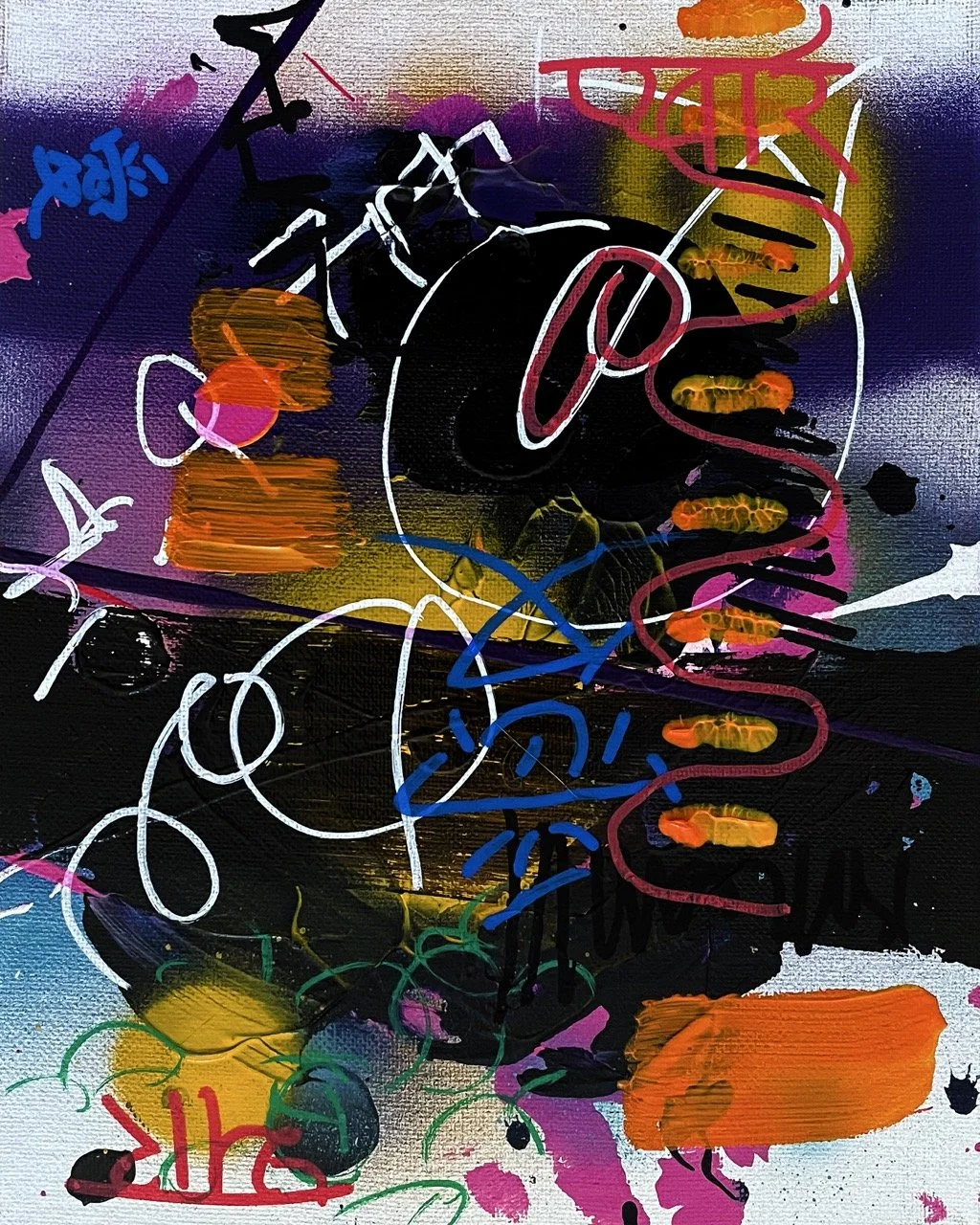 Abstract graffiti art with swirl and line patterns in colors like black, white, red, orange, purple, blue, pink, and green, with various textures and overlapping elements.