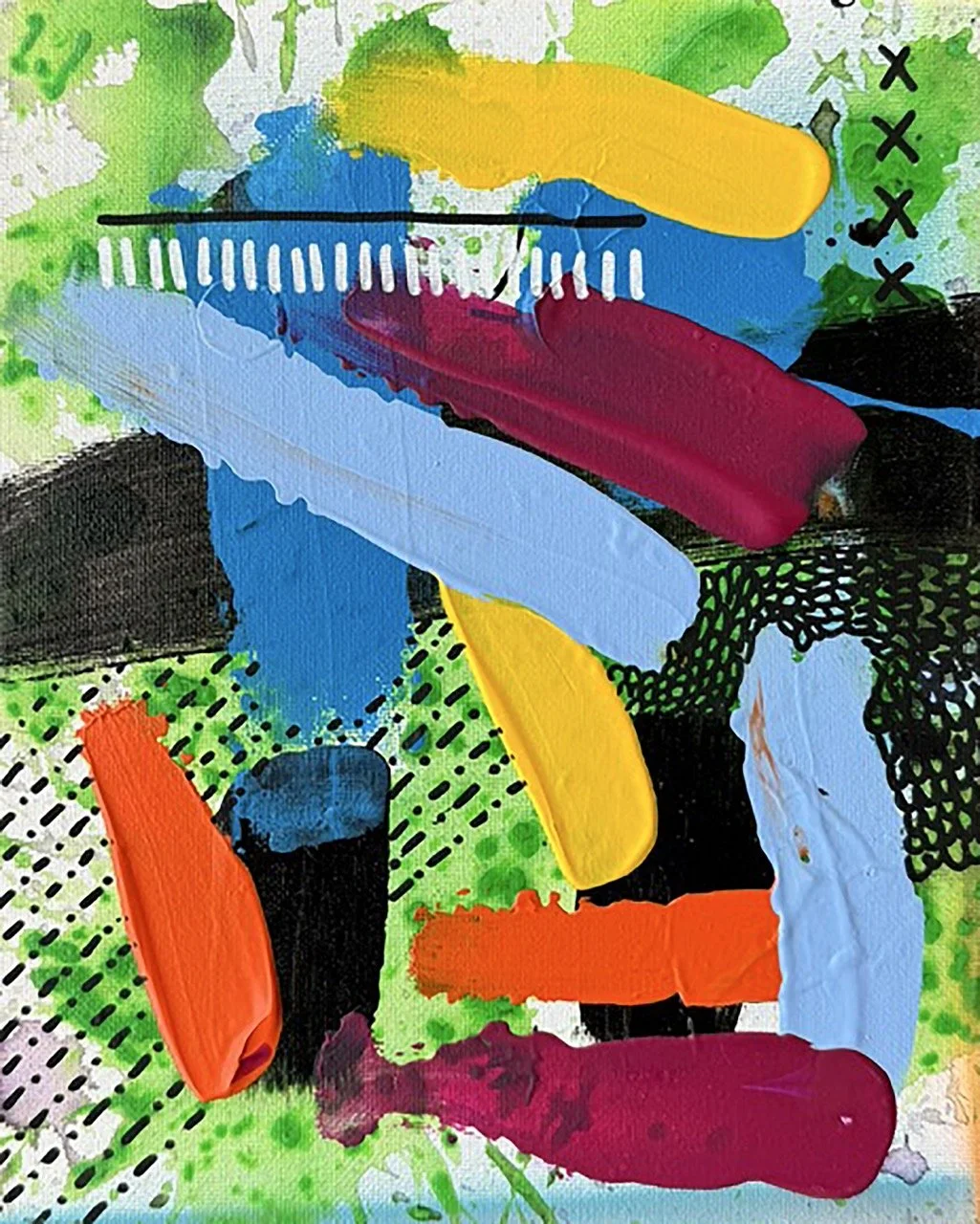 Abstract colorful painting with various brushstrokes and splashes of green, blue, red, yellow, black, orange, and purple, featuring random patterns and marks.