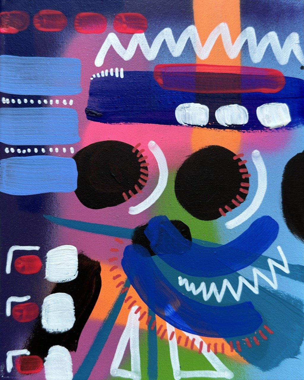 Abstract colorful painting with black circles, blue, red, pink, green, and orange brushstrokes, and various zigzag and dotted lines.