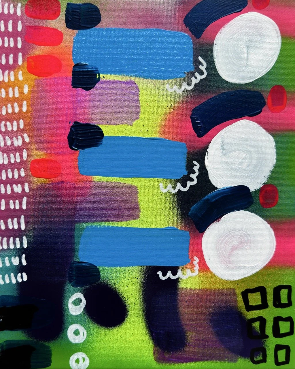 Abstract colorful painting with large white circles, black strokes, blue rectangles, red dots, and a dotted white column on the left.