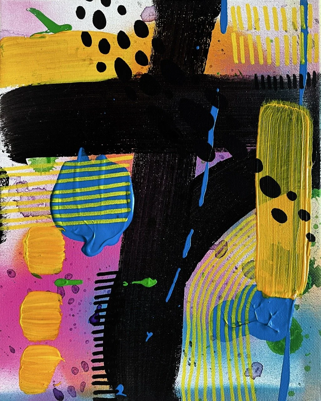 Abstract painting featuring large black cross shape over multicolored background with various patterns, stripes, dots, and textured paint strokes in yellow, pink, blue, green, and purple.