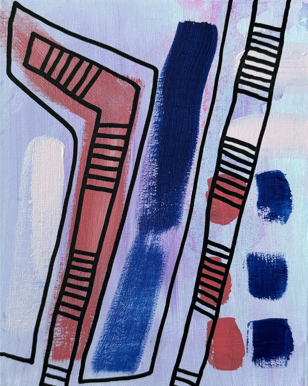Abstract painting with geometric shapes, blue and red brushstrokes, and black outlined lines.