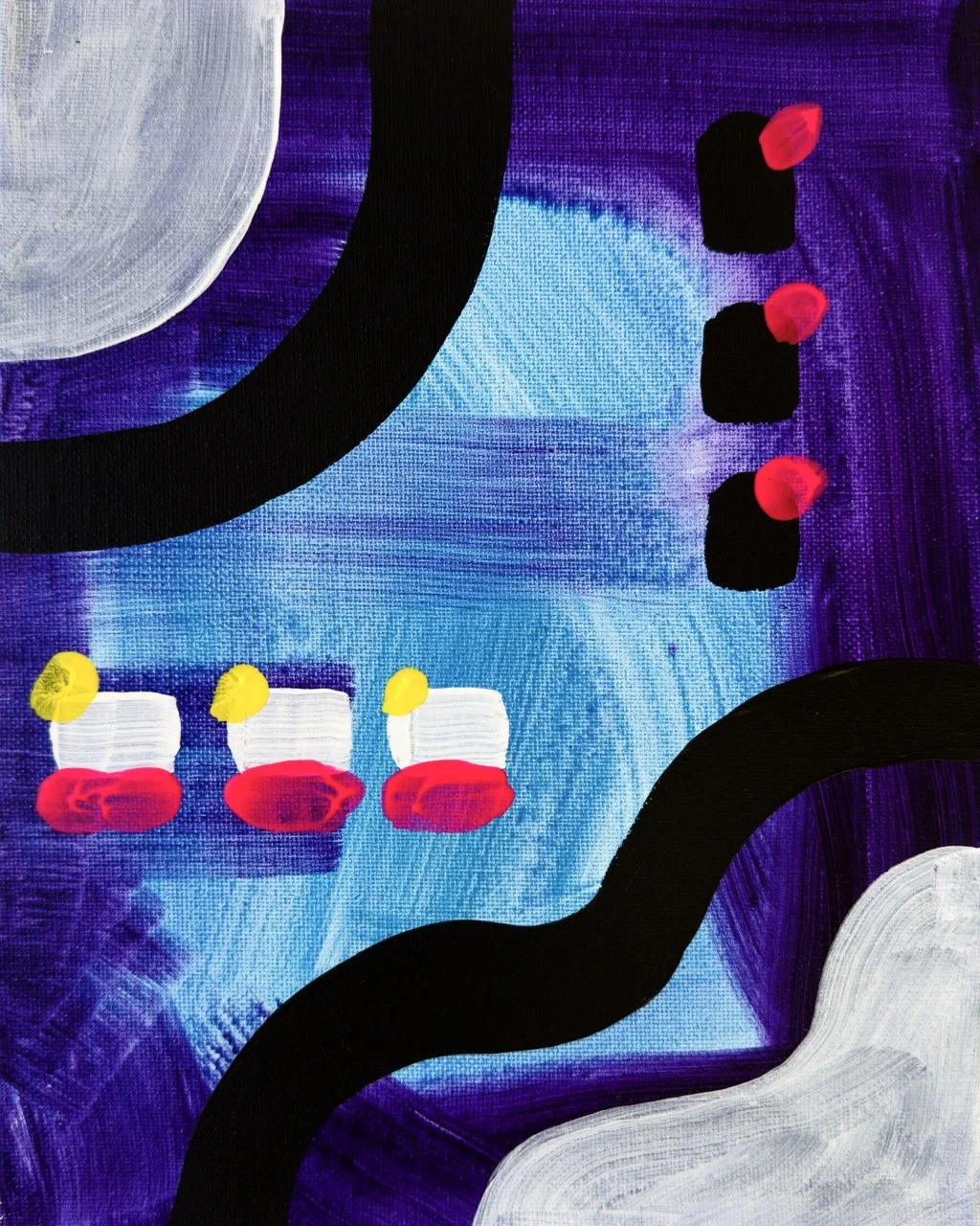 Abstract painting with a blue background, black curved lines, gray and white shapes, and small red, yellow, and black accents.