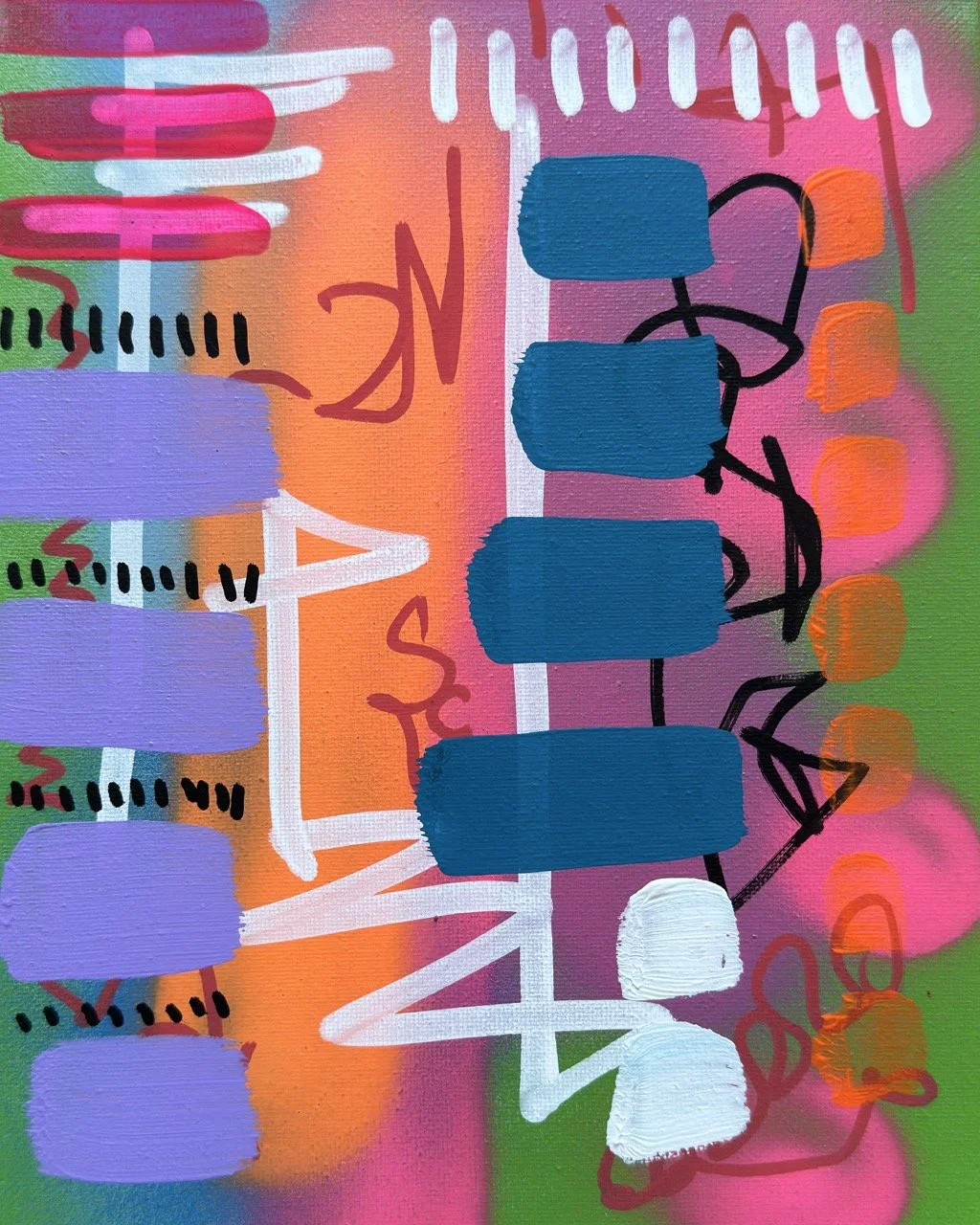 Abstract colorful painting with various shapes, including purple rectangles, orange circles, and black lines, on a vibrant gradient background with pink, orange, green, and purple hues.