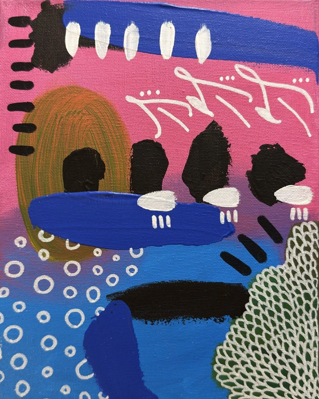 Abstract colorful painting with musical symbols, dots, and organic shapes.