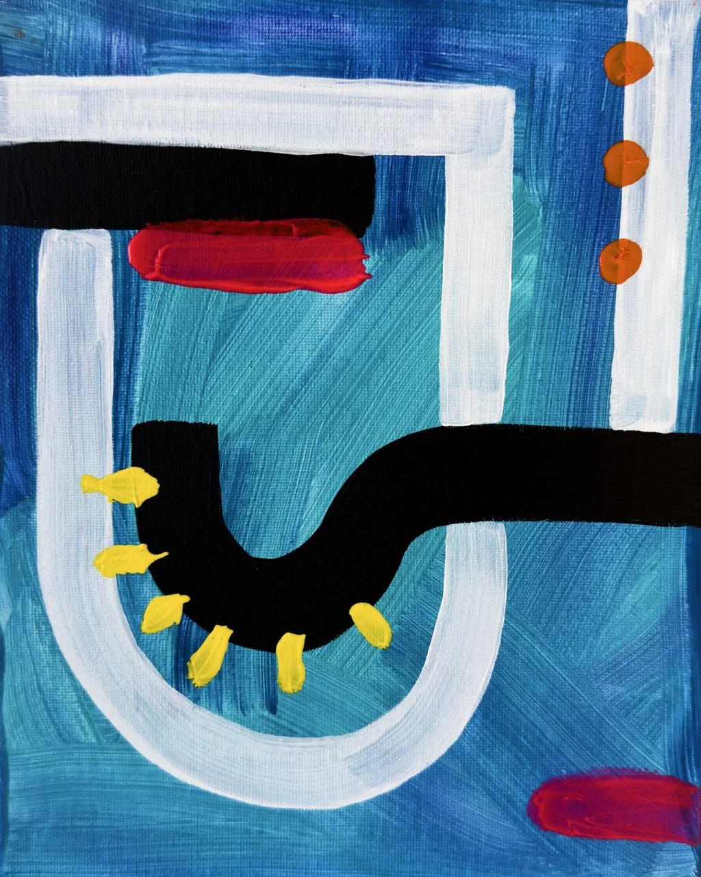Abstract painting featuring a black pipe with yellow accents, blue background, red and orange marks, and white borders.