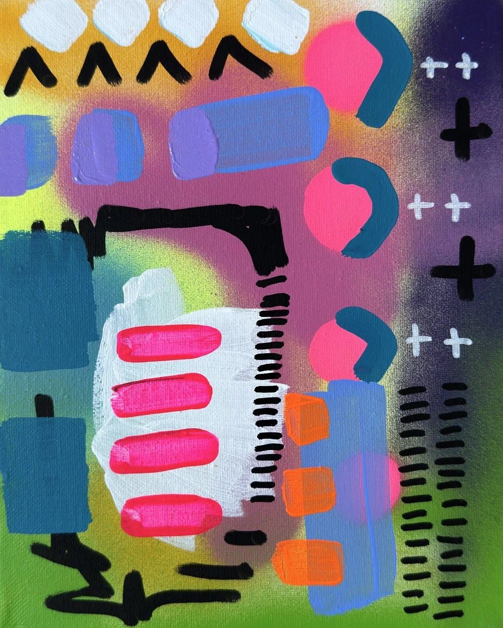 Abstract colorful painting with various shapes, lines, and patterns including pink ovals, blue semi-circles, plus signs, and black and orange lines.