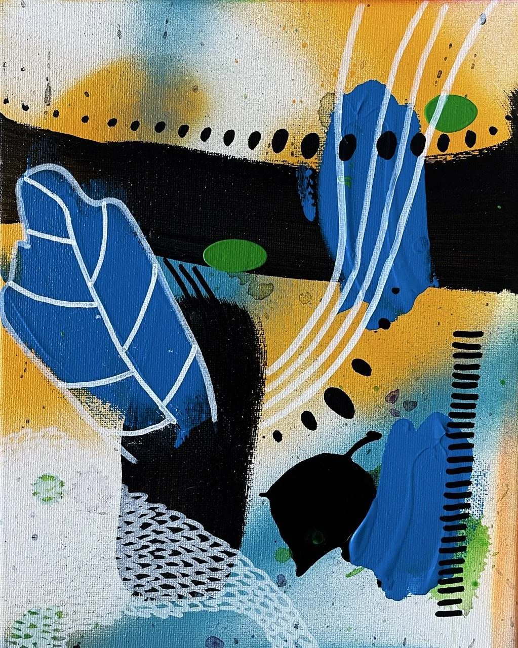 Abstract painting with blue, black, green, yellow, and white colors, featuring leaf shapes, curved lines, dots, and textured patterns.