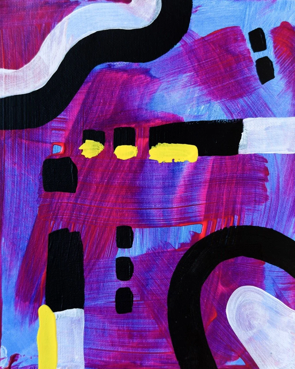 Abstract painting with vibrant pink, purple, black, white, yellow, and blue colors, featuring bold shapes and brushstrokes.