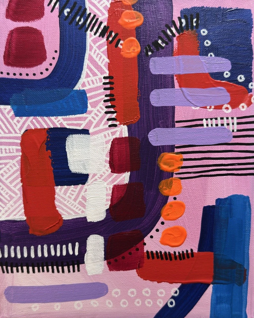 Abstract colorful painting with pink, red, purple, blue, white, black, and orange brushstrokes and patterns.