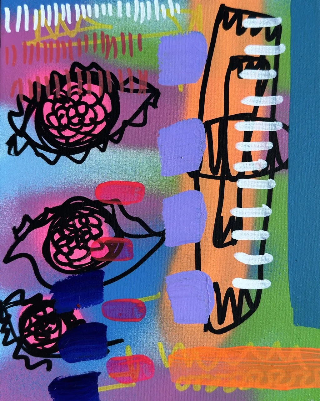 Abstract colorful artwork with black doodles resembling roses, along with various shapes and lines in purple, pink, orange, green, blue, and red.