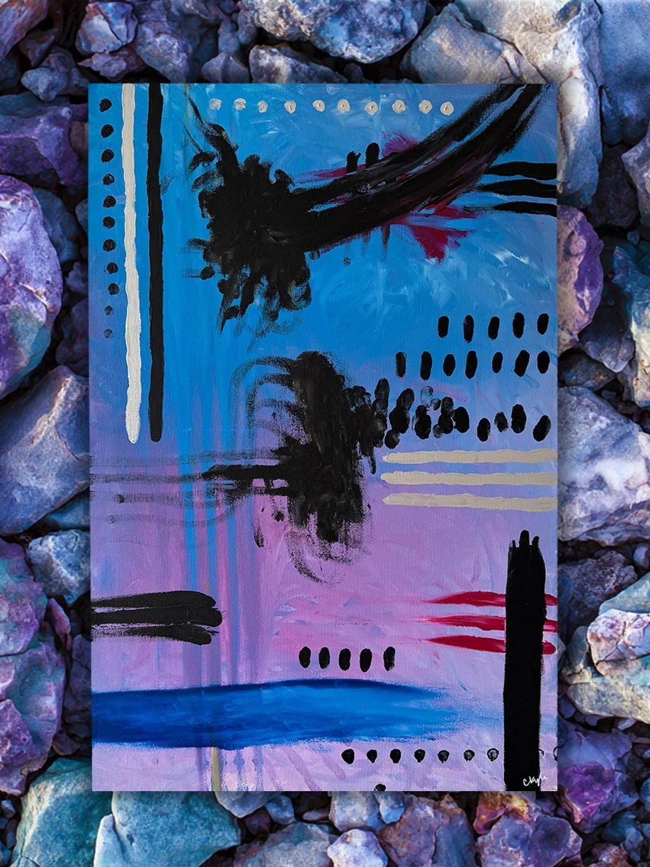 abstract painting with purples, black and blues