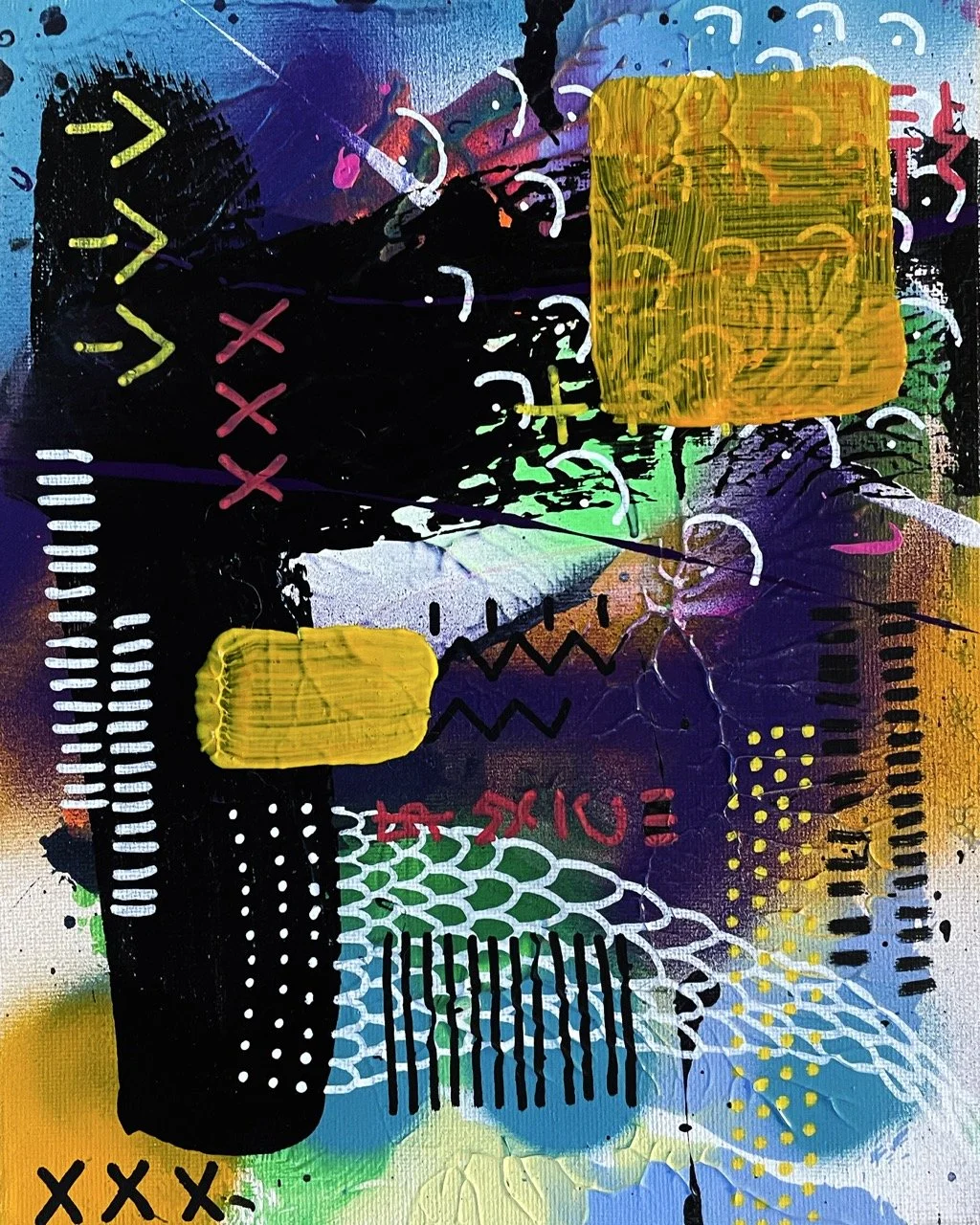 Abstract graffiti art with vibrant colors, various shapes, lines, and symbols including crosses, zigzags, and dots, featuring prominent yellow square shapes.